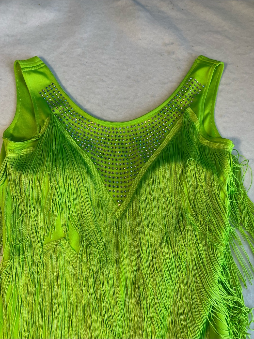 Neon Lime Green Latin Salsa Ballroom Fringe Rhinestone Dance Dress | S/M - Picture 4 of 9